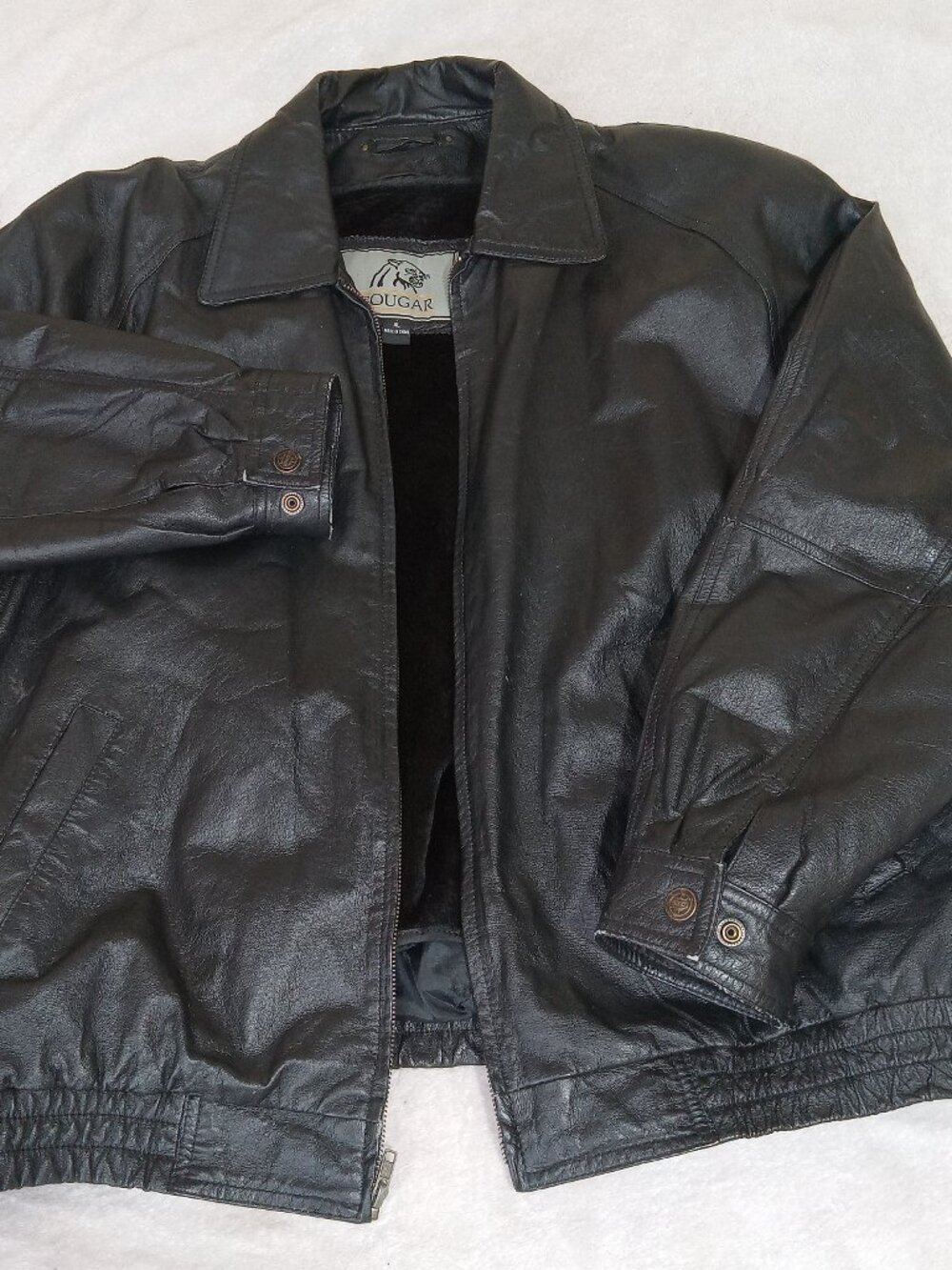 Cougar Genuine Leather Bomber Jacket Men's XL Black Faux Fur Liner Broke Zipper